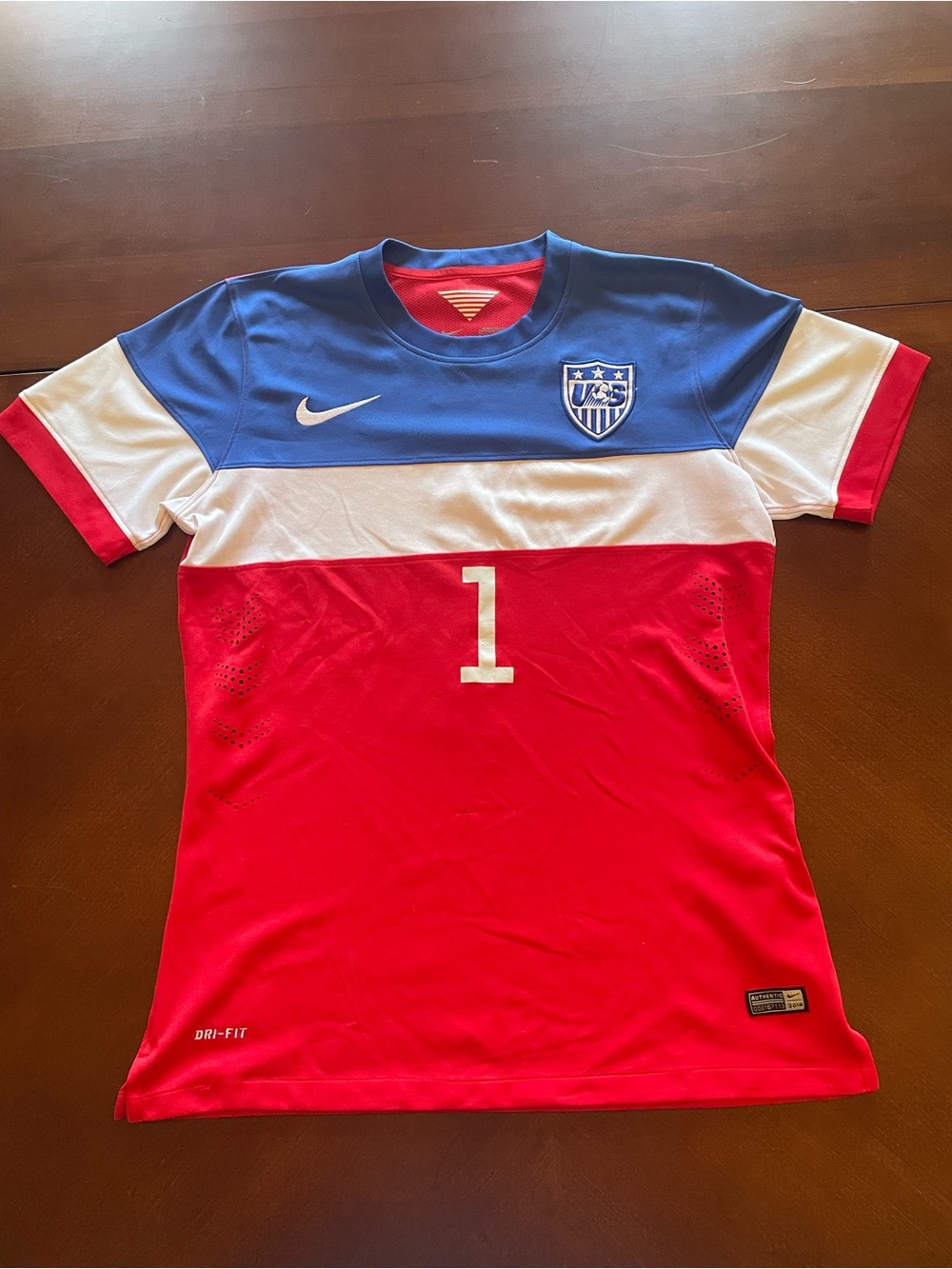 M Nike Kids Blue White Red Soccer Jersey with Crest